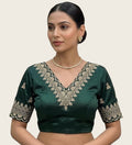 Women's Satin Embroidered Half sleeve V-Neck Padded Readymade Blouse (Dark Green, Size 38 - Self-Alterable 36-40)