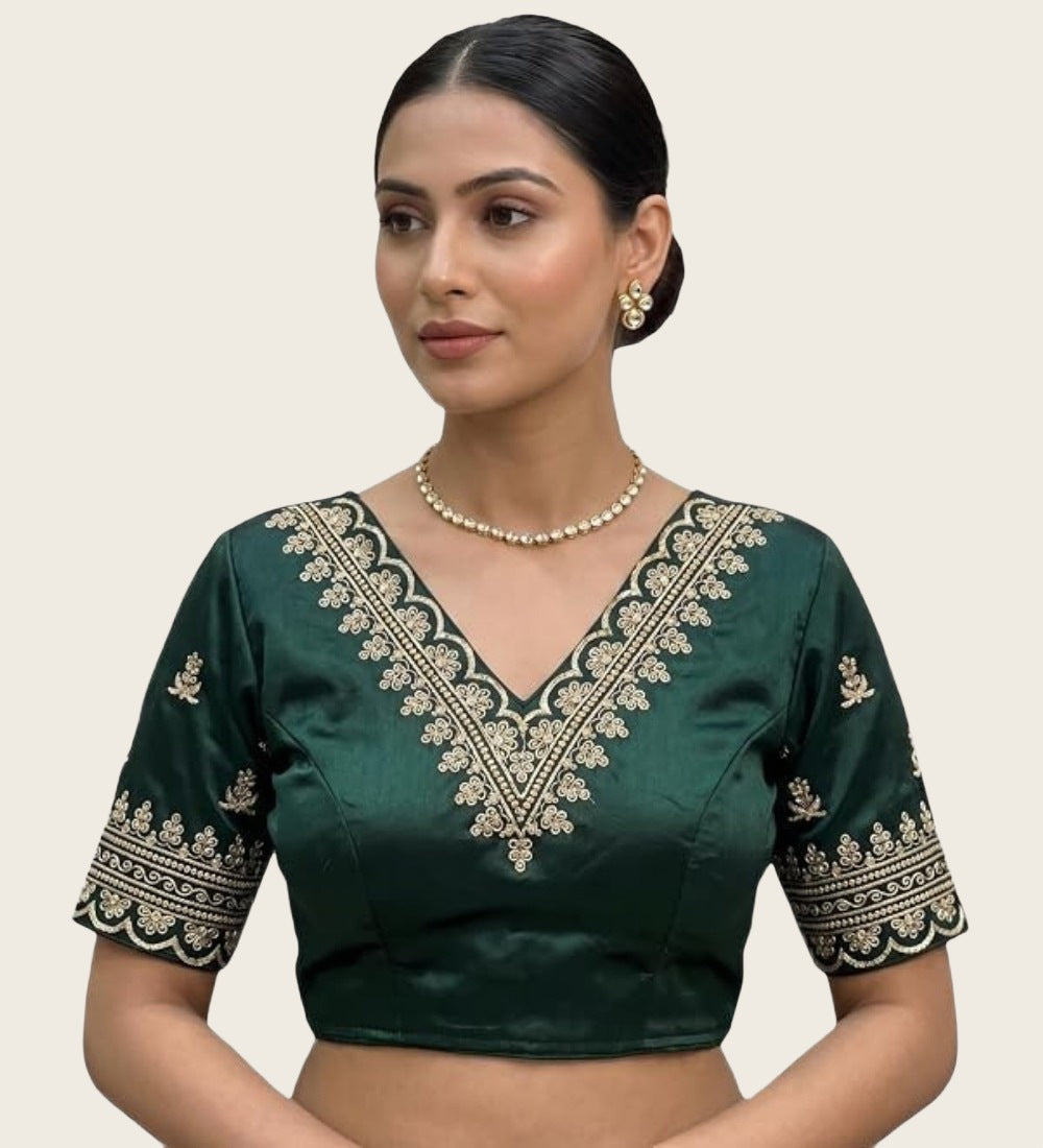 Women's Satin Embroidered Half sleeve V-Neck Padded Readymade Blouse (Dark Green, Size 38 - Self-Alterable 36-40)