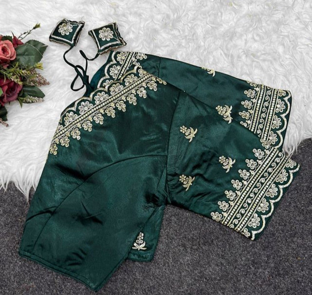 Women's Satin Embroidered Half sleeve V-Neck Padded Readymade Blouse (Dark Green, Size 38 - Self-Alterable 36-40)