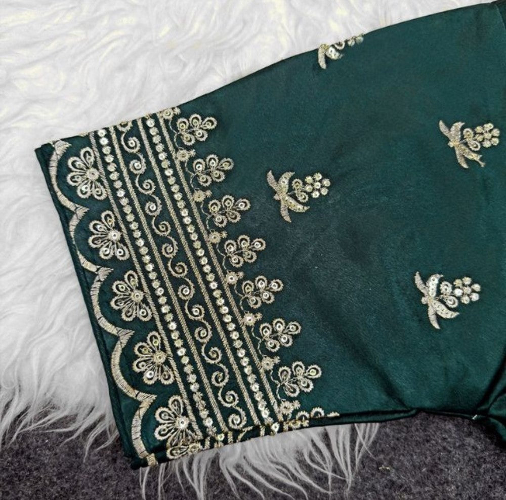 Women's Satin Embroidered Half sleeve V-Neck Padded Readymade Blouse (Dark Green, Size 38 - Self-Alterable 36-40)