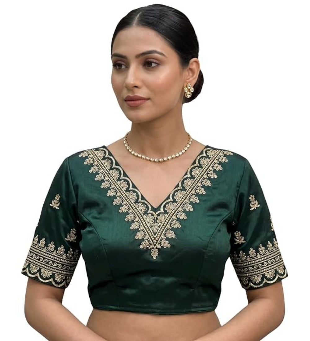 Women's Satin Embroidered Half sleeve V-Neck Padded Readymade Blouse (Dark Green, Size 38 - Self-Alterable 36-40)