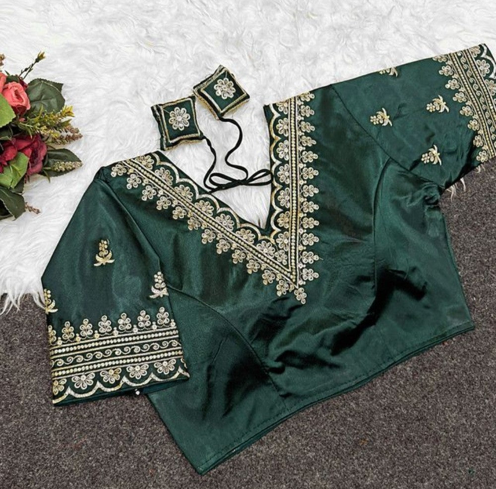 Women's Satin Embroidered Half sleeve V-Neck Padded Readymade Blouse (Dark Green, Size 38 - Self-Alterable 36-40)