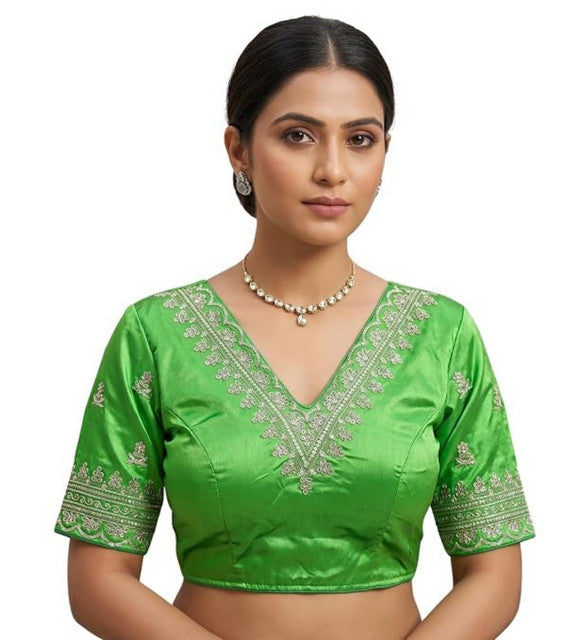 Women's Satin Embroidered Half sleeve V-Neck Padded Readymade Blouse (Light Green, Size 38 - Self-Alterable 36-40)
