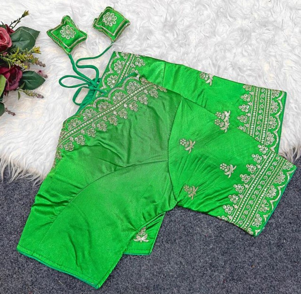 Women's Satin Embroidered Half sleeve V-Neck Padded Readymade Blouse (Light Green, Size 38 - Self-Alterable 36-40)