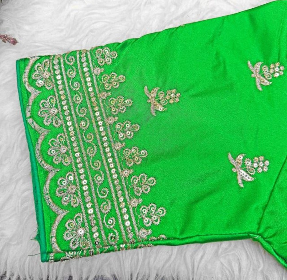 Women's Satin Embroidered Half sleeve V-Neck Padded Readymade Blouse (Light Green, Size 38 - Self-Alterable 36-40)