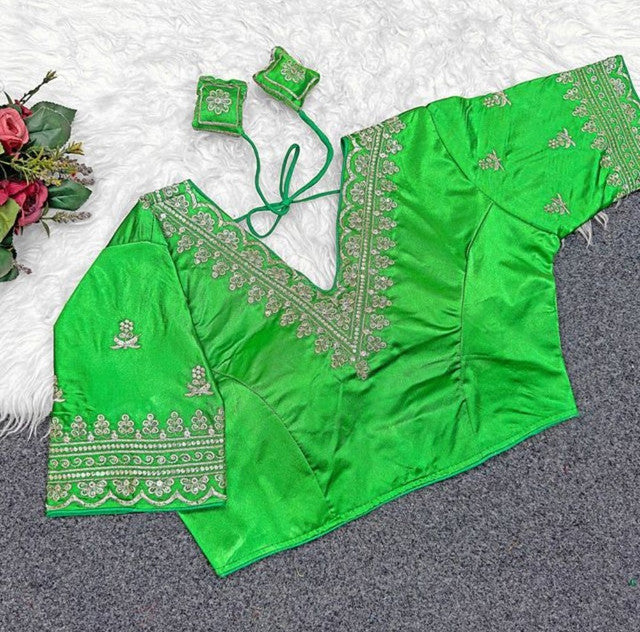 Women's Satin Embroidered Half sleeve V-Neck Padded Readymade Blouse (Light Green, Size 38 - Self-Alterable 36-40)