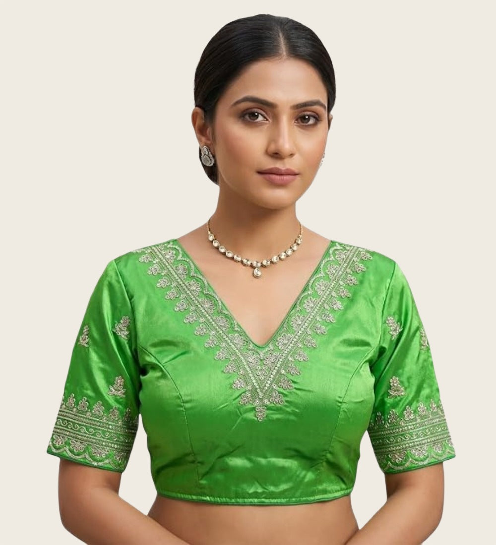 Women's Satin Embroidered Half sleeve V-Neck Padded Readymade Blouse (Light Green, Size 38 - Self-Alterable 36-40)