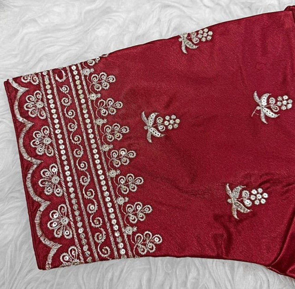 Women's Satin Embroidered Half sleeve V-Neck Padded Readymade Blouse (Maroon, Size 38 - Self-Alterable 36-40)