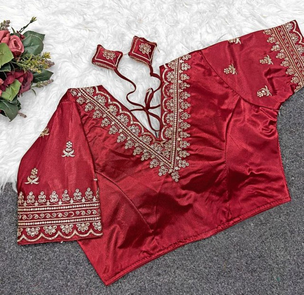 Women's Satin Embroidered Half sleeve V-Neck Padded Readymade Blouse (Maroon, Size 38 - Self-Alterable 36-40)