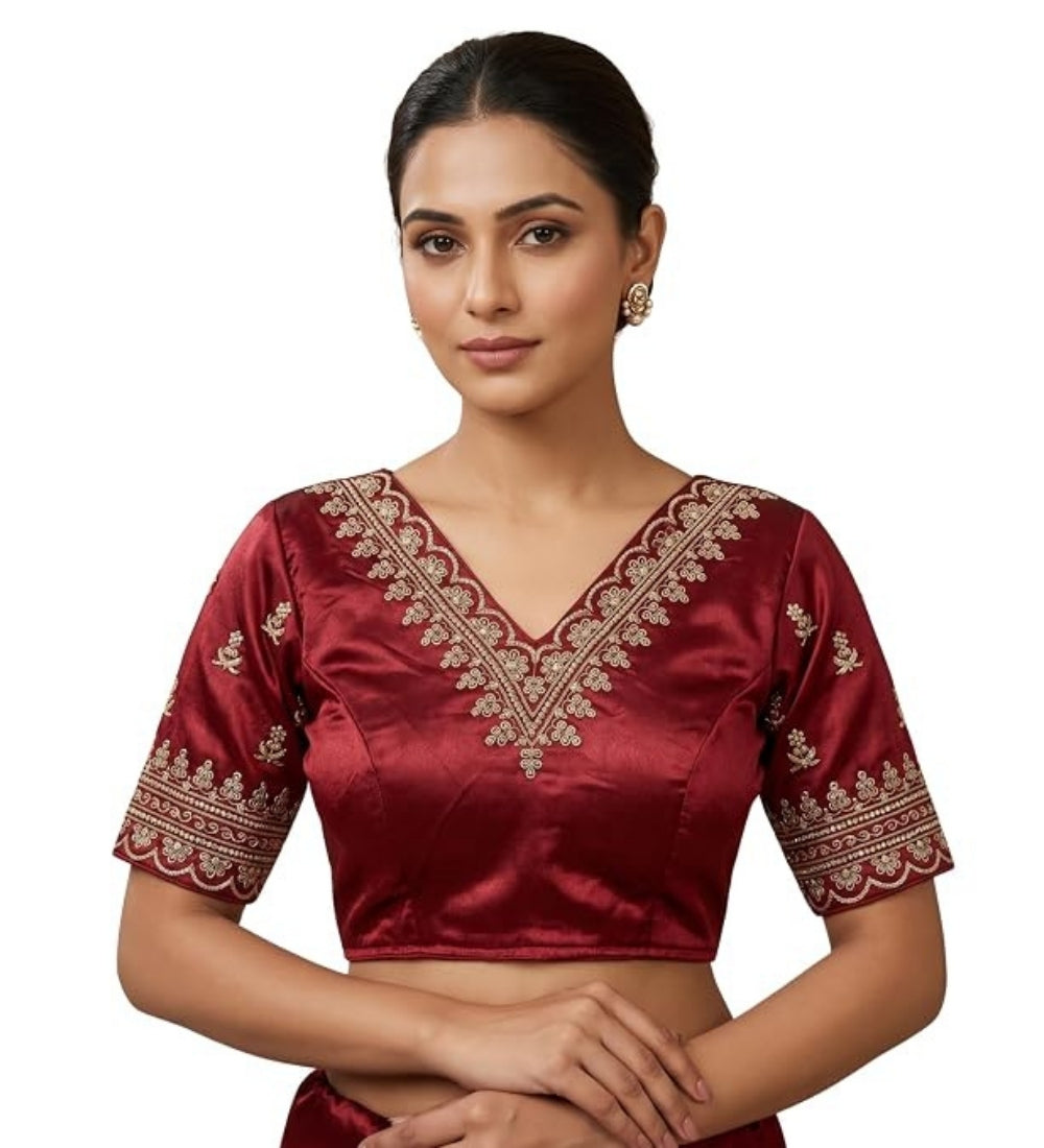 Women's Satin Embroidered Half sleeve V-Neck Padded Readymade Blouse (Maroon, Size 38 - Self-Alterable 36-40)