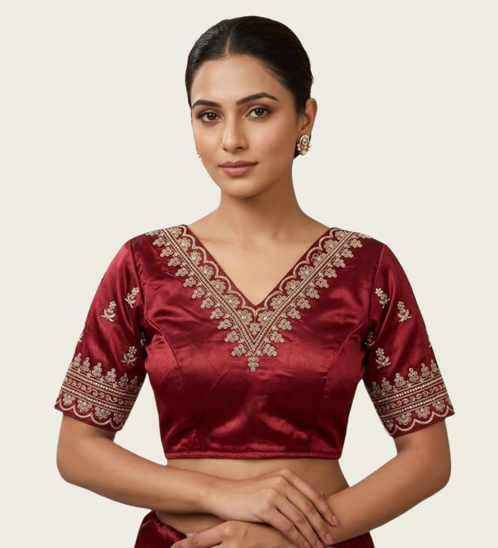 Women's Satin Embroidered Half sleeve V-Neck Padded Readymade Blouse (Maroon, Size 38 - Self-Alterable 36-40)