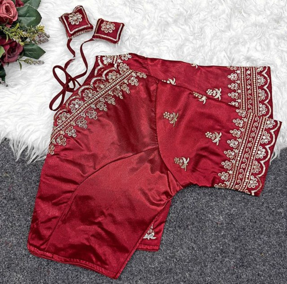Women's Satin Embroidered Half sleeve V-Neck Padded Readymade Blouse (Maroon, Size 38 - Self-Alterable 36-40)