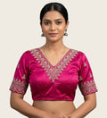 Women's Satin Embroidered Half sleeve V-Neck Padded Readymade Blouse (Pink, Size 38 - Self-Alterable 36-40)