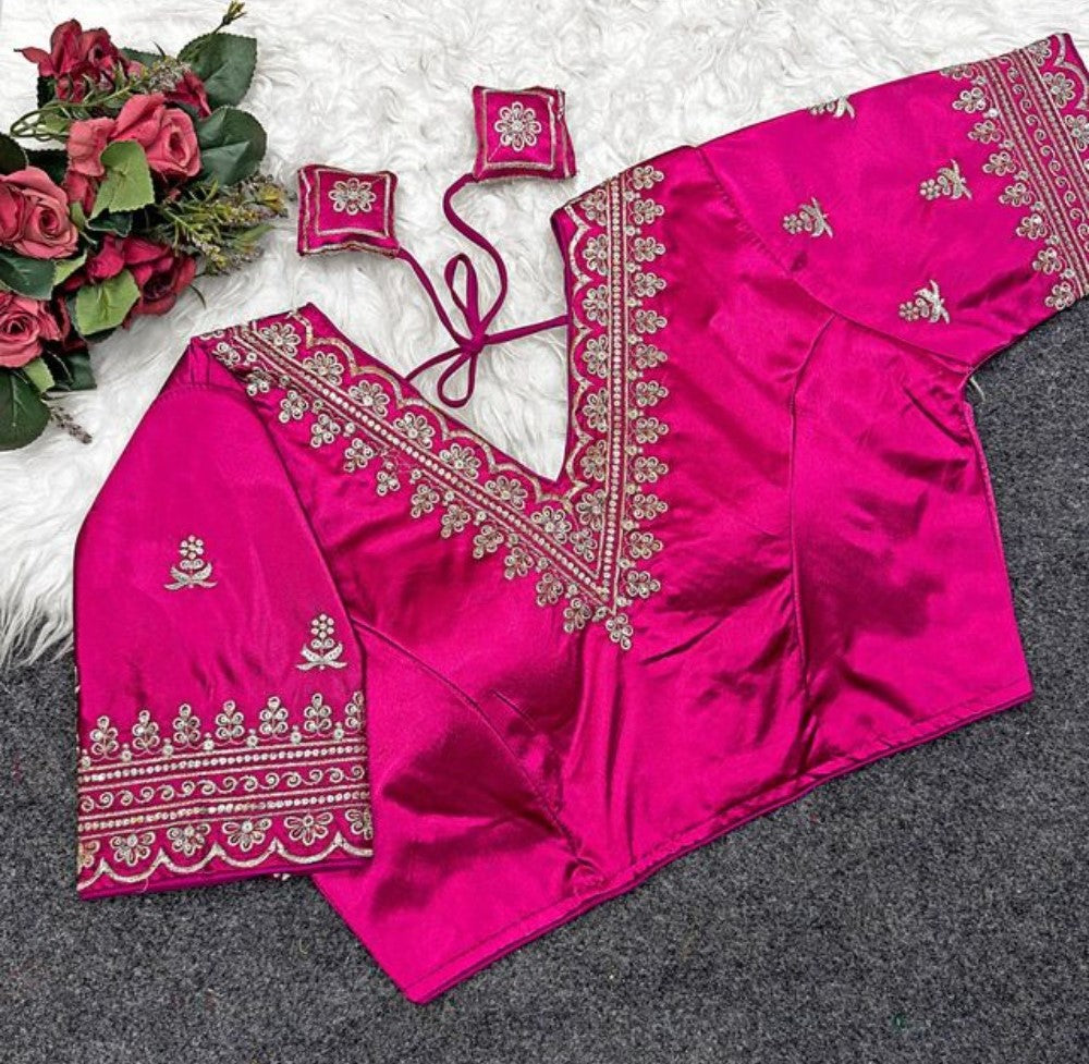 Women's Satin Embroidered Half sleeve V-Neck Padded Readymade Blouse (Pink, Size 38 - Self-Alterable 36-40)