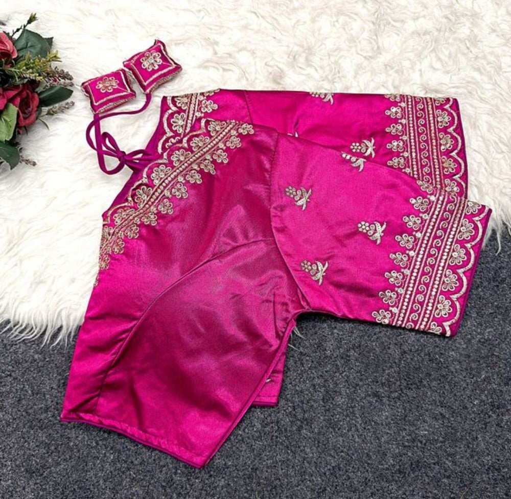 Women's Satin Embroidered Half sleeve V-Neck Padded Readymade Blouse (Pink, Size 38 - Self-Alterable 36-40)