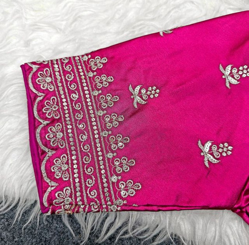 Women's Satin Embroidered Half sleeve V-Neck Padded Readymade Blouse (Pink, Size 38 - Self-Alterable 36-40)