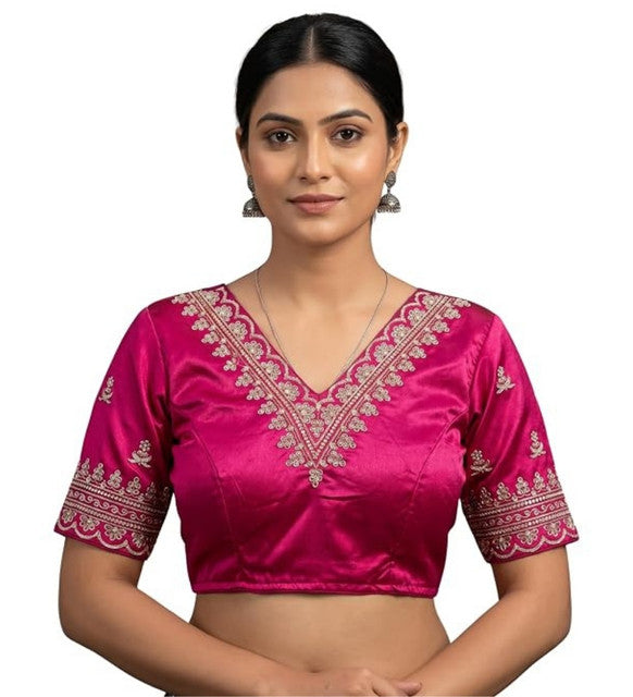 Women's Satin Embroidered Half sleeve V-Neck Padded Readymade Blouse (Pink, Size 38 - Self-Alterable 36-40)