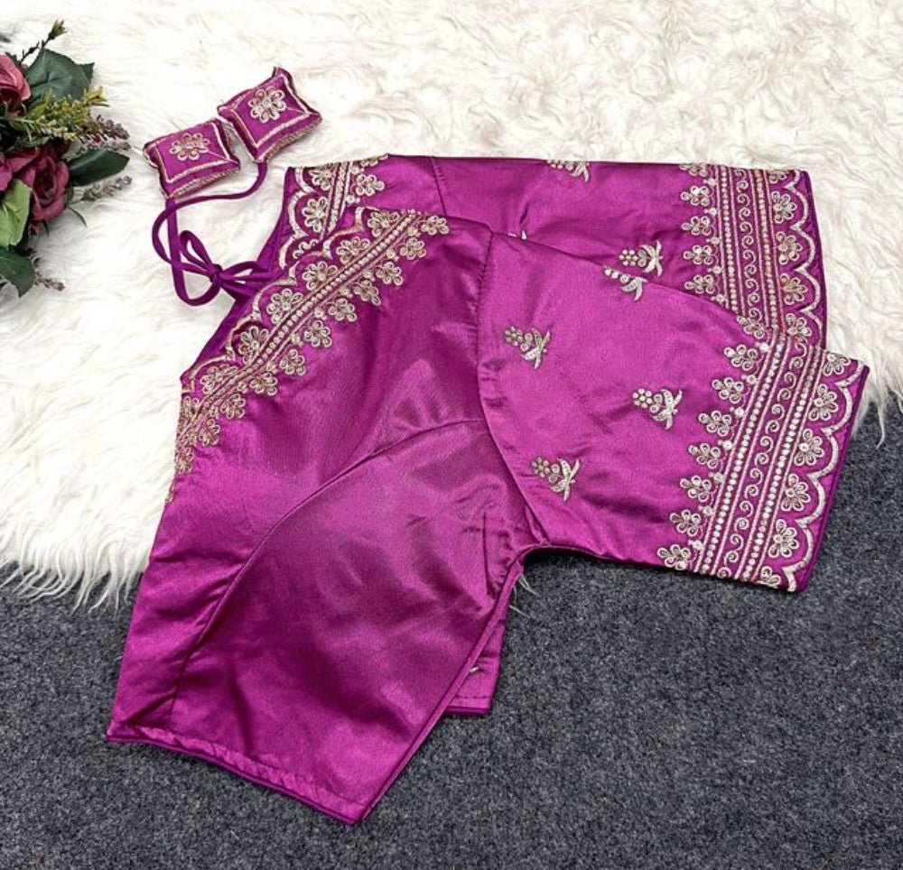 Women's Satin Embroidered Half sleeve V-Neck Padded Readymade Blouse (Purple, Size 38 - Self-Alterable 36-40)