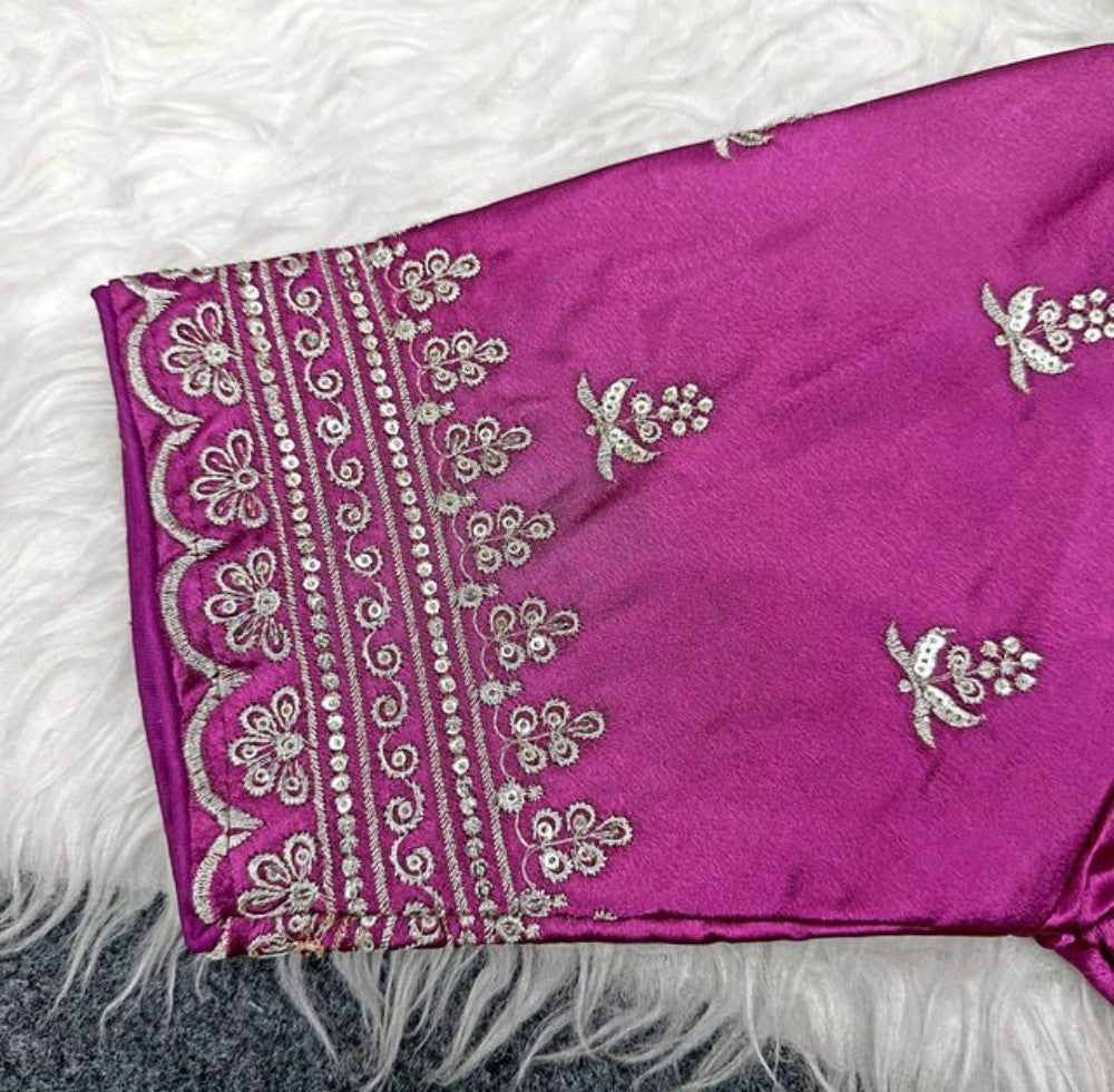 Women's Satin Embroidered Half sleeve V-Neck Padded Readymade Blouse (Purple, Size 38 - Self-Alterable 36-40)