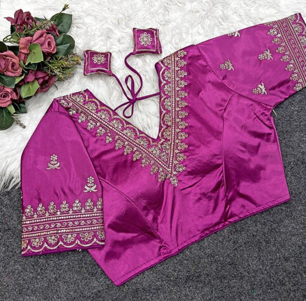 Women's Satin Embroidered Half sleeve V-Neck Padded Readymade Blouse (Purple, Size 38 - Self-Alterable 36-40)