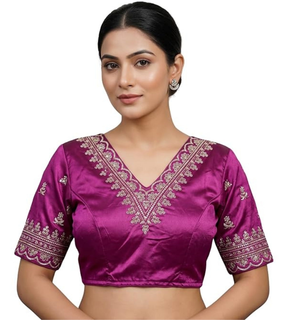Women's Satin Embroidered Half sleeve V-Neck Padded Readymade Blouse (Purple, Size 38 - Self-Alterable 36-40)