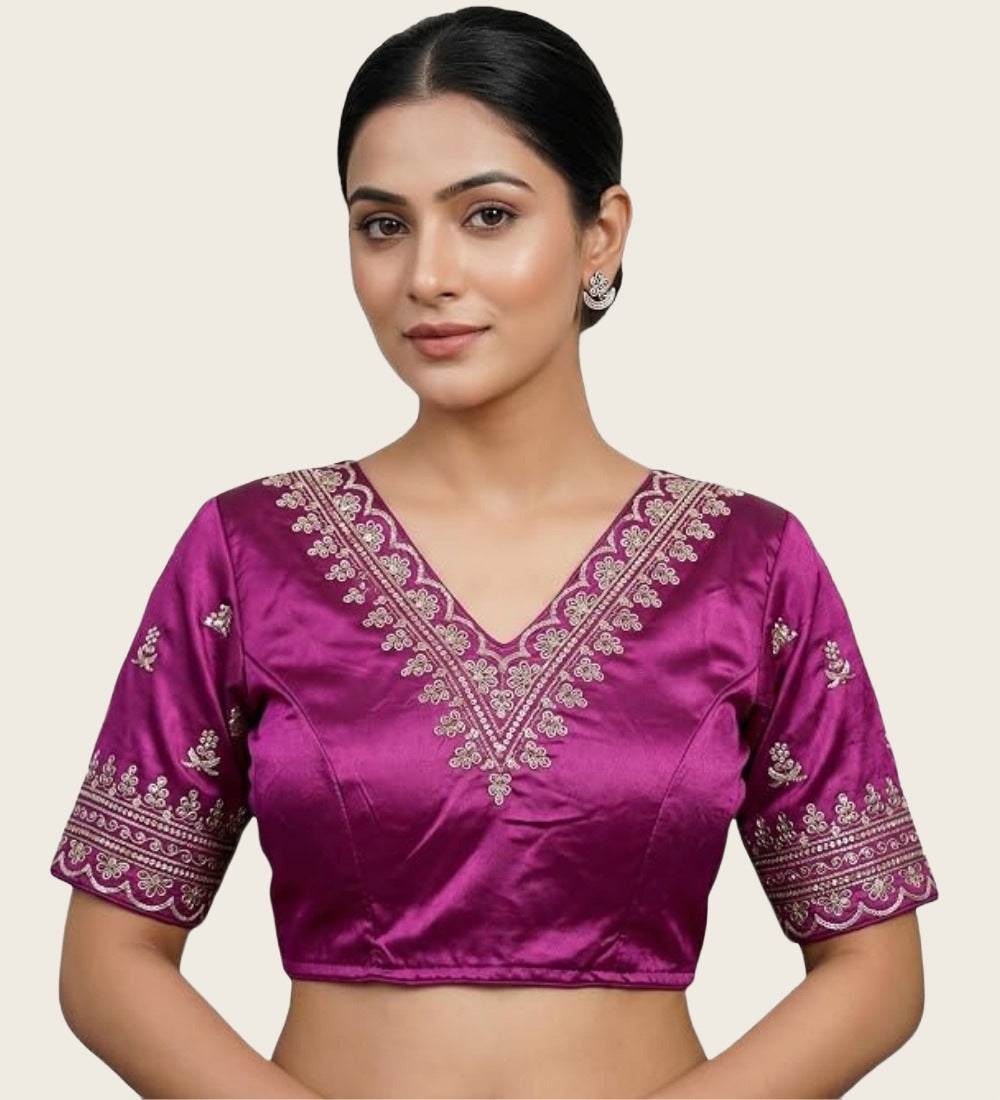 Women's Satin Embroidered Half sleeve V-Neck Padded Readymade Blouse (Purple, Size 38 - Self-Alterable 36-40)