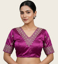 Women's Satin Embroidered Half sleeve V-Neck Padded Readymade Blouse (Purple, Size 38 - Self-Alterable 36-40)