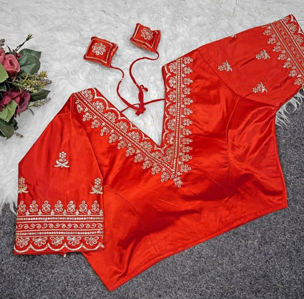 Women's Satin Embroidered Half sleeve V-Neck Padded Readymade Blouse (Red, Size 38 - Self-Alterable 36-40)