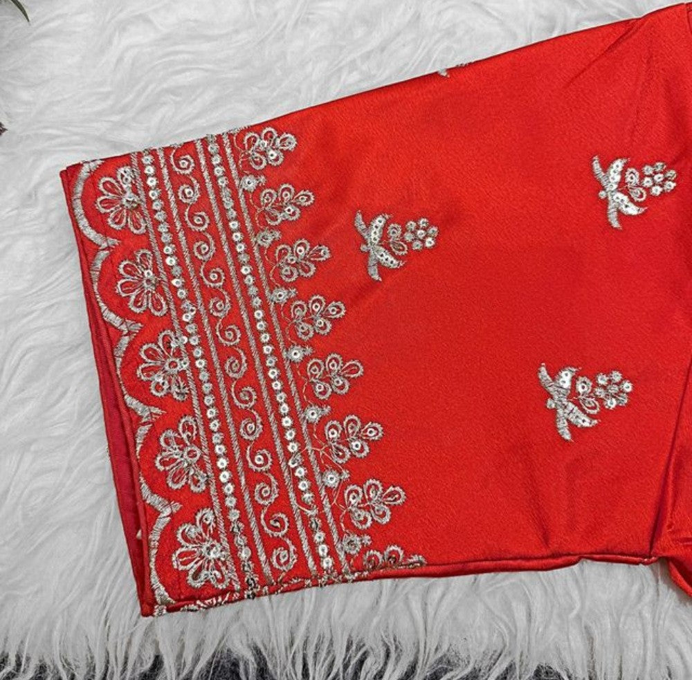 Women's Satin Embroidered Half sleeve V-Neck Padded Readymade Blouse (Red, Size 38 - Self-Alterable 36-40)