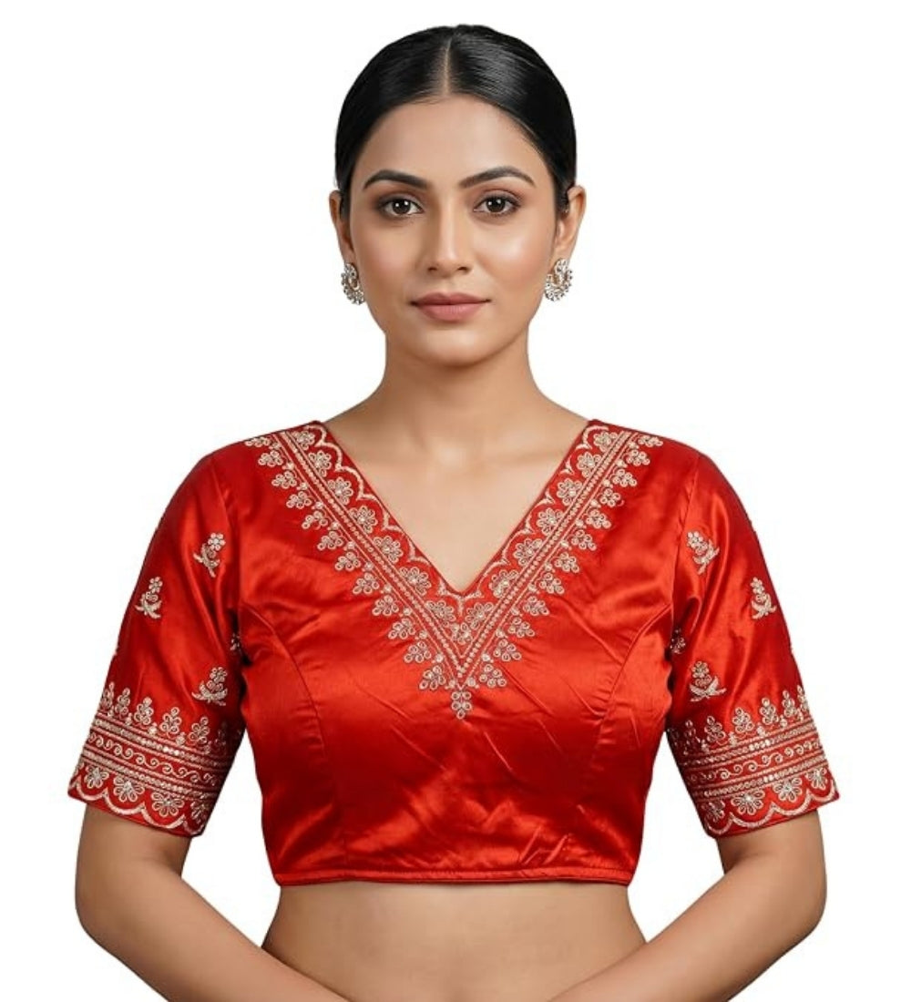 Women's Satin Embroidered Half sleeve V-Neck Padded Readymade Blouse (Red, Size 38 - Self-Alterable 36-40)