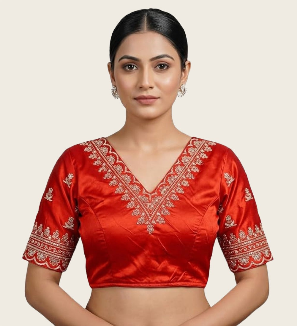 Women's Satin Embroidered Half sleeve V-Neck Padded Readymade Blouse (Red, Size 38 - Self-Alterable 36-40)