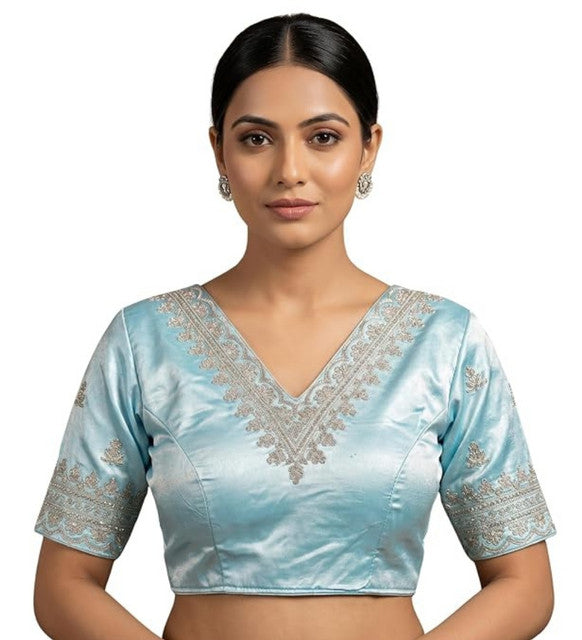 Women's Satin Embroidered Half sleeve V-Neck Padded Readymade Blouse (Sky Blue, Size 38 - Self-Alterable 36-40)