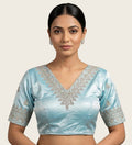 Women's Satin Embroidered Half sleeve V-Neck Padded Readymade Blouse (Sky Blue, Size 38 - Self-Alterable 36-40)
