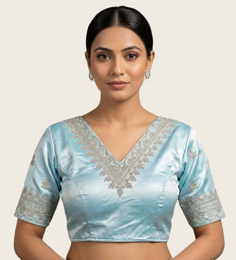 Women's Satin Embroidered Half sleeve V-Neck Padded Readymade Blouse (Sky Blue, Size 38 - Self-Alterable 36-40)