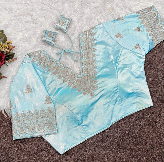 Women's Satin Embroidered Half sleeve V-Neck Padded Readymade Blouse (Sky Blue, Size 38 - Self-Alterable 36-40)