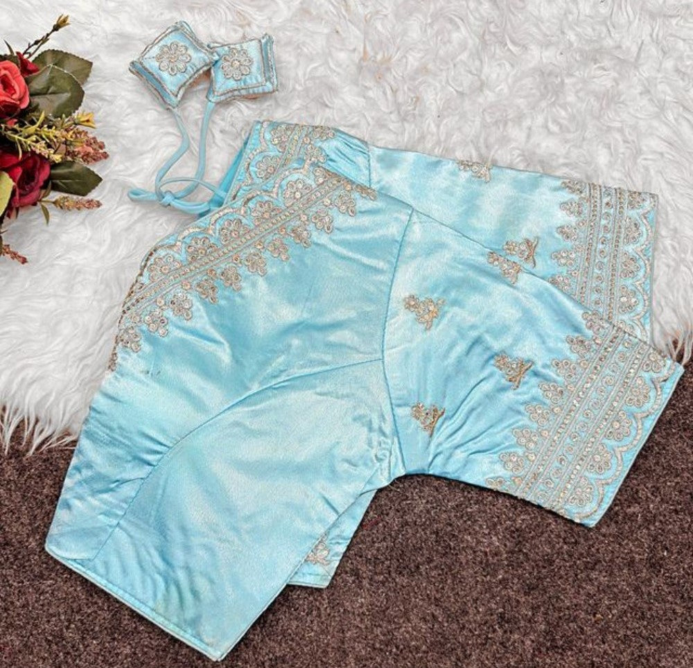 Women's Satin Embroidered Half sleeve V-Neck Padded Readymade Blouse (Sky Blue, Size 38 - Self-Alterable 36-40)