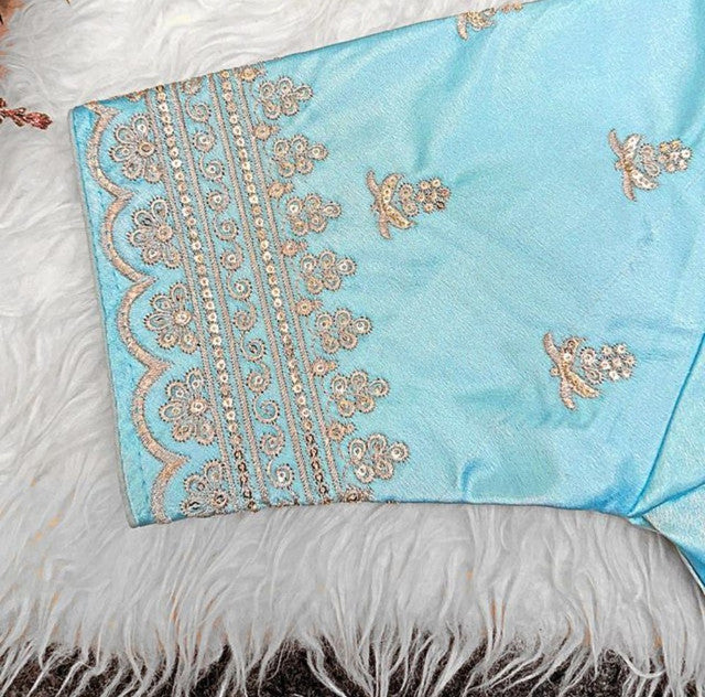 Women's Satin Embroidered Half sleeve V-Neck Padded Readymade Blouse (Sky Blue, Size 38 - Self-Alterable 36-40)