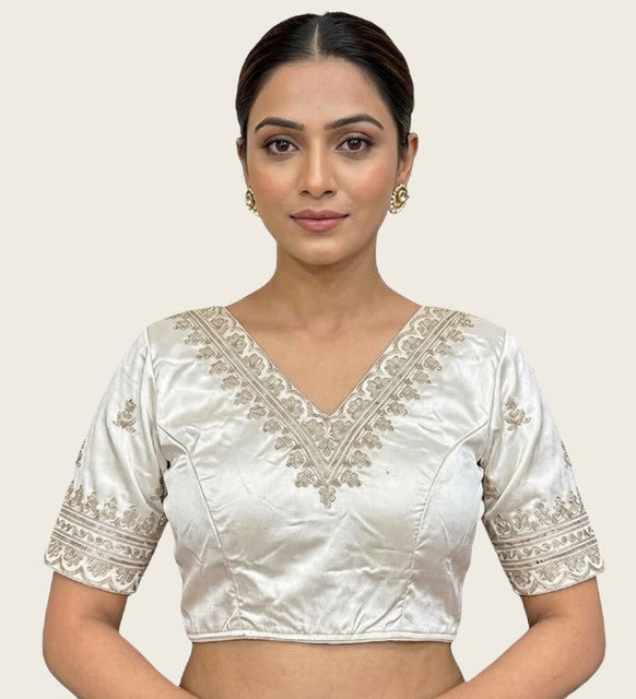 Women's Satin Embroidered Half sleeve V-Neck Padded Readymade Blouse (White, Size 38 - Self-Alterable 36-40)