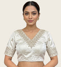 Women's Satin Embroidered Half sleeve V-Neck Padded Readymade Blouse (White, Size 38 - Self-Alterable 36-40)