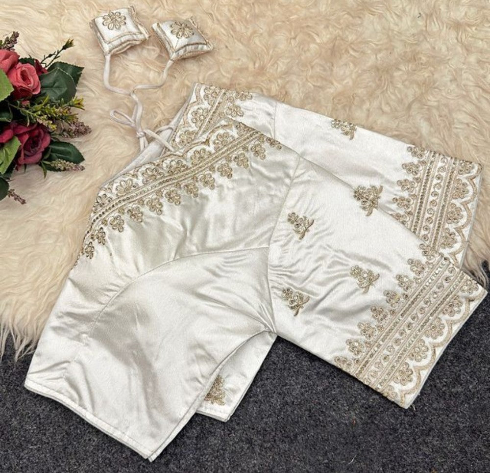 Women's Satin Embroidered Half sleeve V-Neck Padded Readymade Blouse (White, Size 38 - Self-Alterable 36-40)