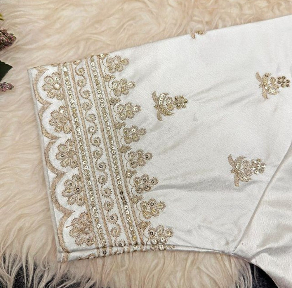 Women's Satin Embroidered Half sleeve V-Neck Padded Readymade Blouse (White, Size 38 - Self-Alterable 36-40)