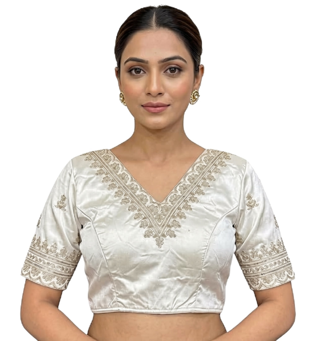 Women's Satin Embroidered Half sleeve V-Neck Padded Readymade Blouse (White, Size 38 - Self-Alterable 36-40)