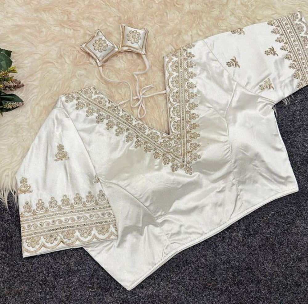Women's Satin Embroidered Half sleeve V-Neck Padded Readymade Blouse (White, Size 38 - Self-Alterable 36-40)