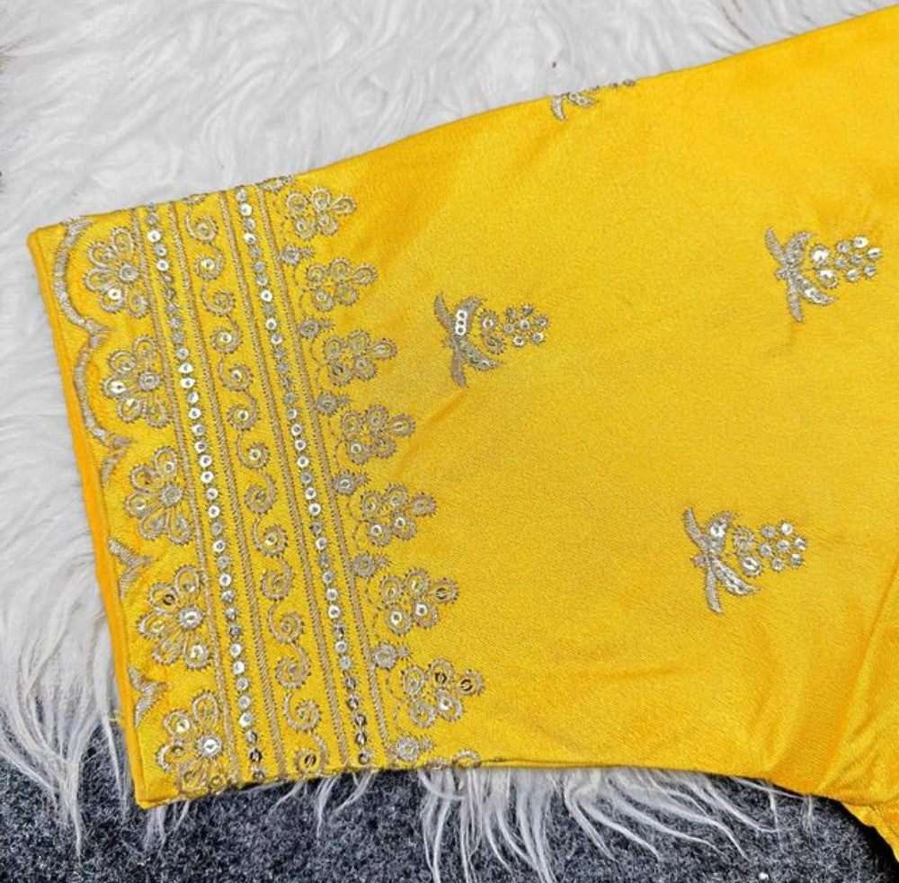 Women's Satin Embroidered Half sleeve V-Neck Padded Readymade Blouse (Yellow, Size 38 - Self-Alterable 36-40)