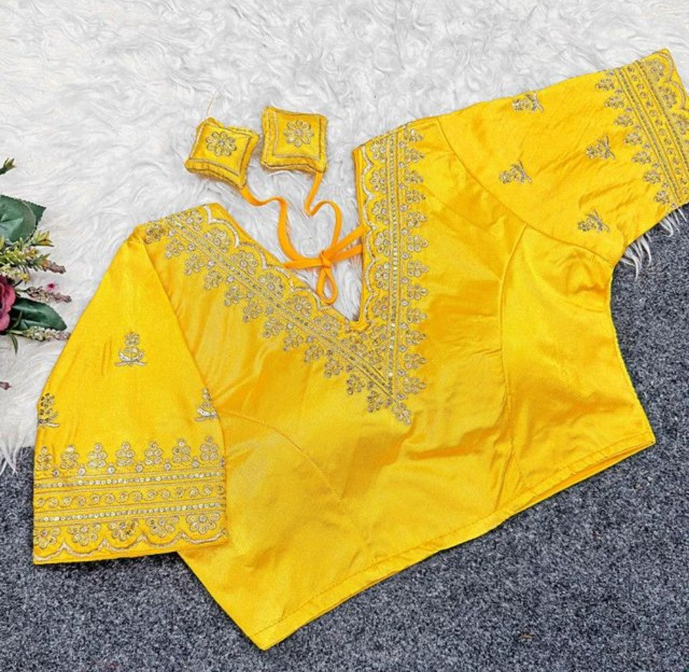 Women's Satin Embroidered Half sleeve V-Neck Padded Readymade Blouse (Yellow, Size 38 - Self-Alterable 36-40)