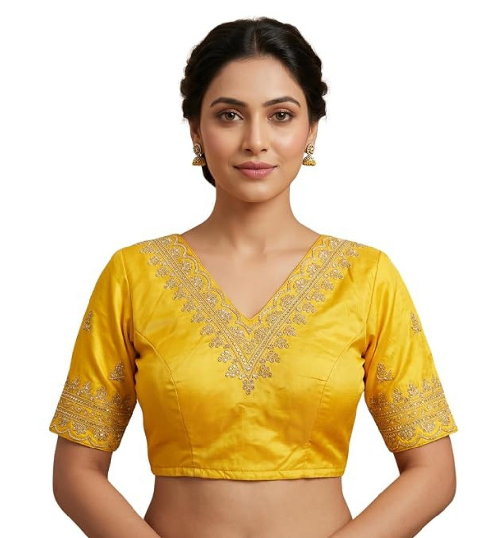 Women's Satin Embroidered Half sleeve V-Neck Padded Readymade Blouse (Yellow, Size 38 - Self-Alterable 36-40)