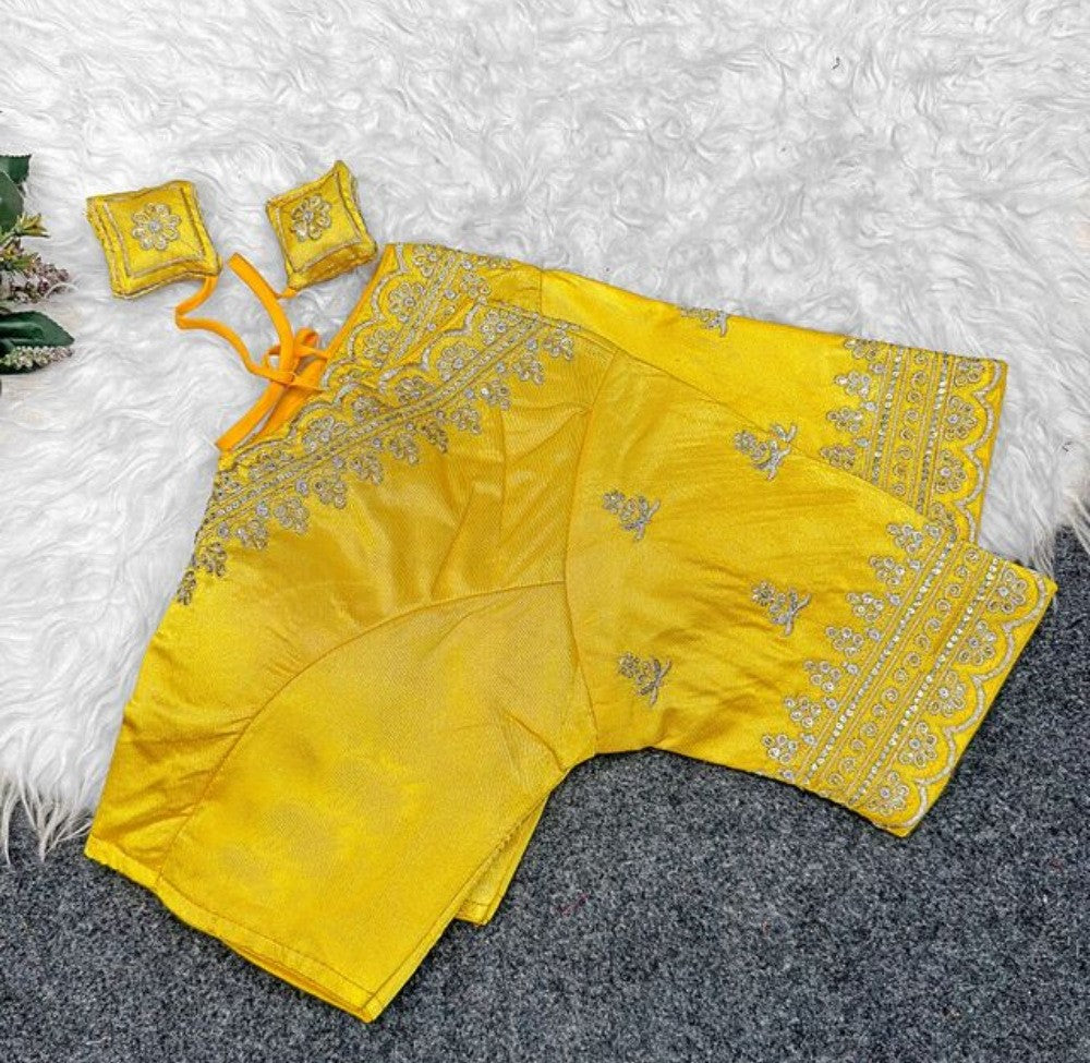 Women's Satin Embroidered Half sleeve V-Neck Padded Readymade Blouse (Yellow, Size 38 - Self-Alterable 36-40)