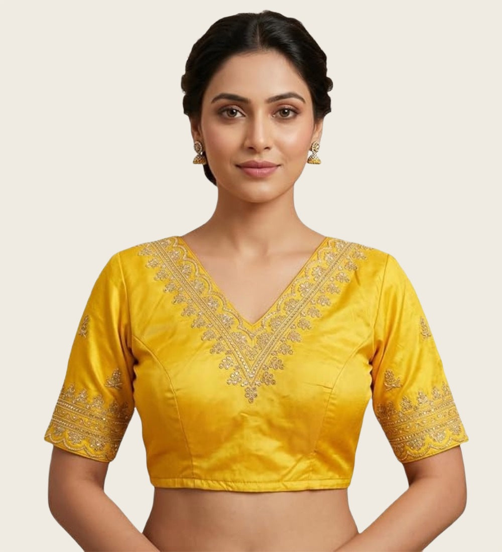 Women's Satin Embroidered Half sleeve V-Neck Padded Readymade Blouse (Yellow, Size 38 - Self-Alterable 36-40)