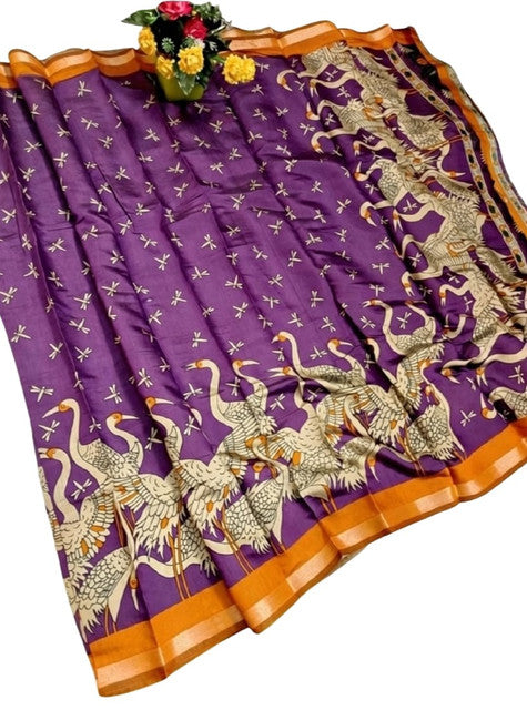 Women's Linen Kalamkari Printed Saree With Unstitched Blouse - 5.5 Mtr (Purple-Orange)