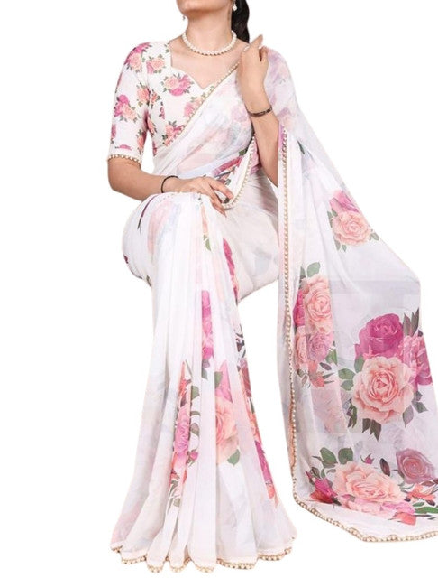 Women's Georgette Floral Printed Saree With Unstitched Blouse - 5.5 Mtr (White)